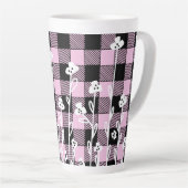 Elegante doodle zwart roze bloemenplaid patroon latte mok (Rechterhoek)