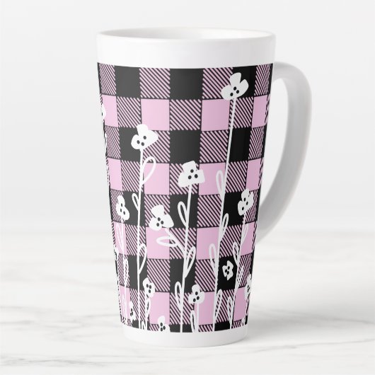 Elegante doodle zwart roze bloemenplaid patroon latte mok (Rechterhoek)