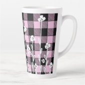 Elegante doodle zwart roze bloemenplaid patroon latte mok (Rechts)