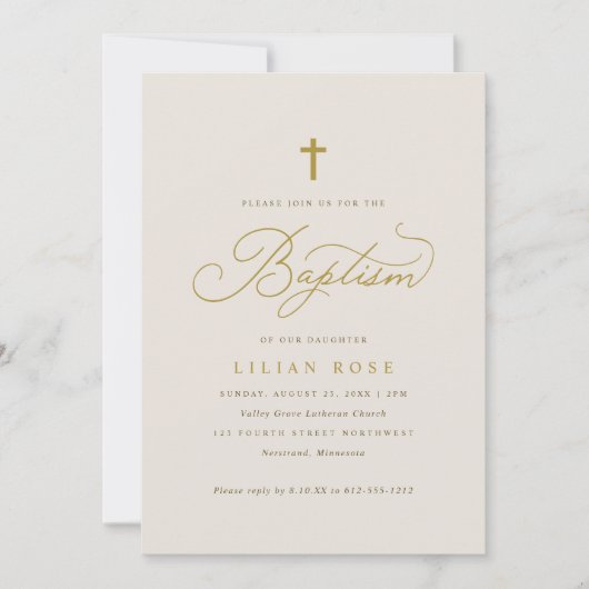 Elegante doop Beige Champagne Script Cross Kaart (Voorkant)