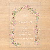 Elegante doop bloemenveerboog acryl uitnodigingen (Voorkant)