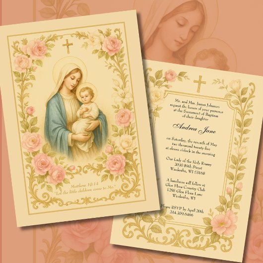 Elegante doop Bloemrijke Moeder Maria Traditioneel Kaart