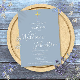 Elegante Doop Christening Gouden Kruis Stof Blauw Save The Date