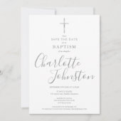 Elegante Doop Christening Zilveren Handtekening Save The Date (Voorkant)
