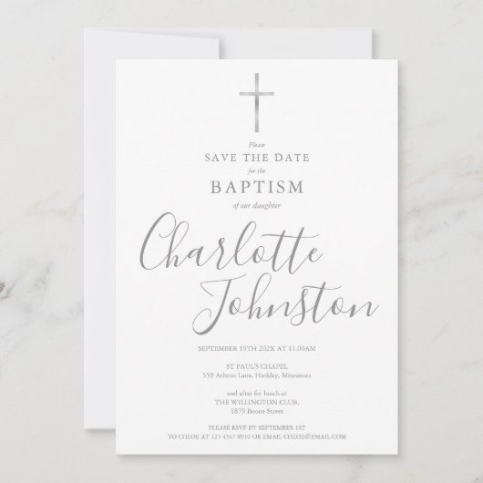 Elegante Doop Christening Zilveren Handtekening Save The Date (Voorkant)