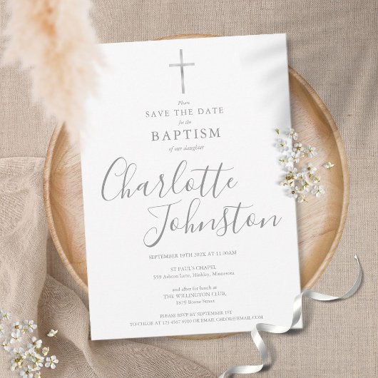 Elegante Doop Christening Zilveren Handtekening Save The Date
