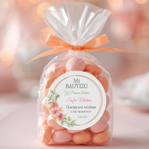 Elegante doop en eerste verjaardag roze bloemen ronde sticker