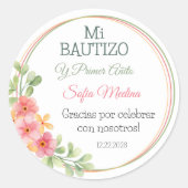 Elegante doop en eerste verjaardag roze bloemen ronde sticker (Voorkant)