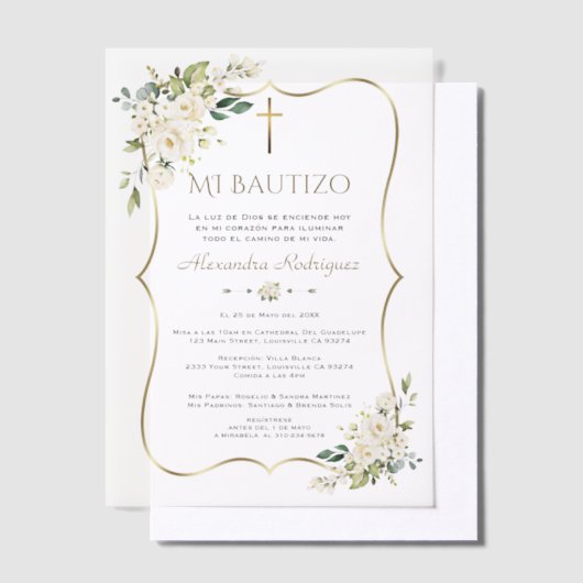 Elegante Doop met Witte Bloemen Gouden Doopfeest Vellum Uitnodigingen (Offset)