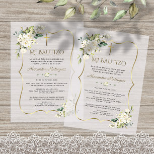 Elegante Doop met Witte Bloemen Gouden Doopfeest Vellum Uitnodigingen
