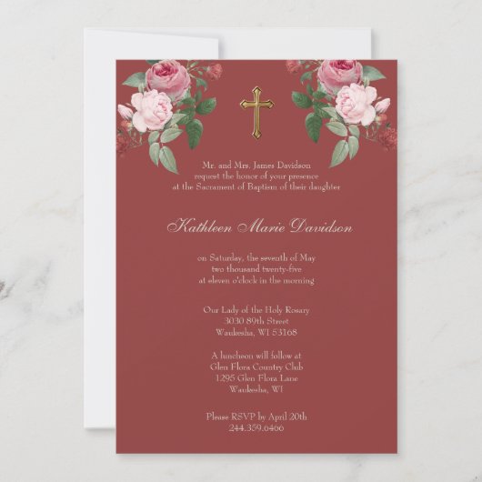 Elegante Doop Roze Rode Bloemen Jezus Kaart (Voorkant)
