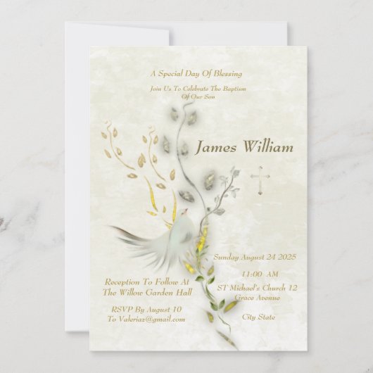 Elegante Doop Uitnodiging met Duif (Voorkant)