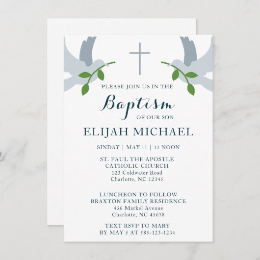 Elegante doopduiven en Cross Invitation Aankondiging (Voorkant / Achterkant)