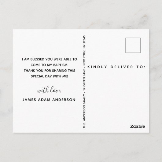 Elegante doopfoto Dank u Briefkaart (Achterkant)