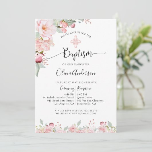 Elegante doopmunt en perzik bloemuitnodiging kaart (Staand voorkant)