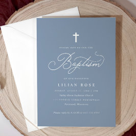 Elegante Doopscript Kruis Stofblauw Kaart