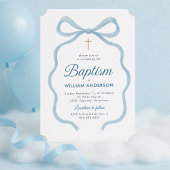 Elegante doopuitnodiging met blauwe strik en kruis kaart