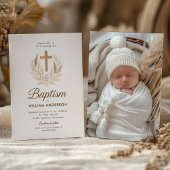 Elegante doopuitnodiging met gouden kruis en olijf kaart