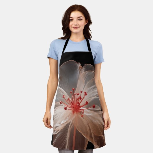 Elegante doorschijnende bloem op zwart schort (Gedragen)