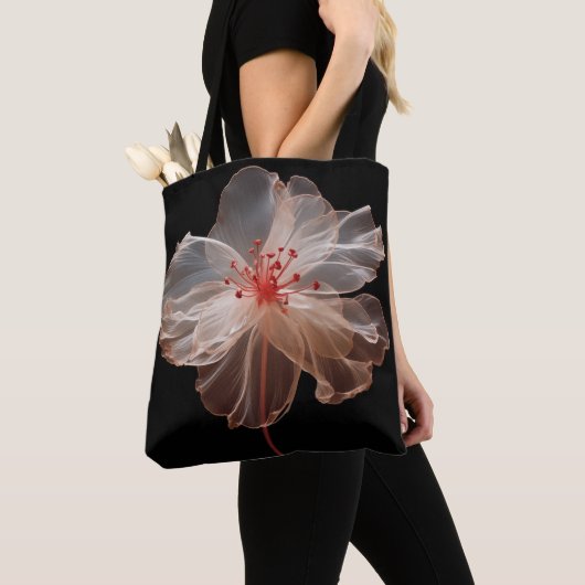 Elegante doorschijnende bloem op zwart tote bag (Dichtbij)