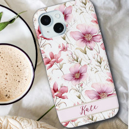 Elegante douanenaam | Roze Wildbloemen iPhone 15 Case