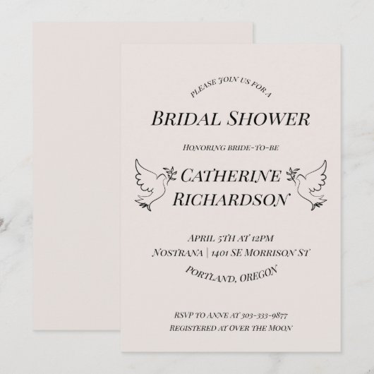 Elegante Dove Bruids Douche Uitnodiging (Voorkant / Achterkant)