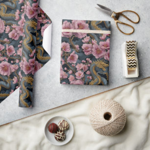 Elegante Draak en Roze Kersenbloesem Fantasie Cadeaupapier