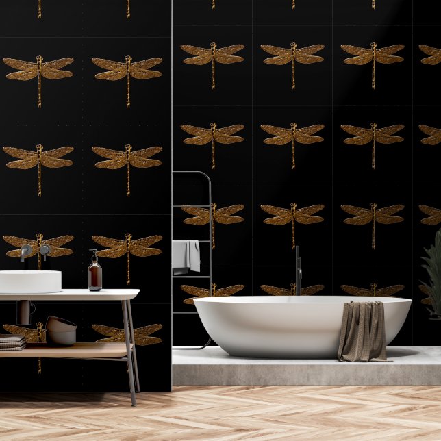 Elegante, Dramatische Black en Gold Dragonfly Fant Behang (Badkamer)