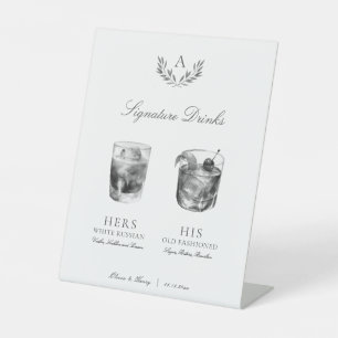 Elegante Drankjes Bruiloft met Monogram Handtekeni Reclamebord Met Voetstuk