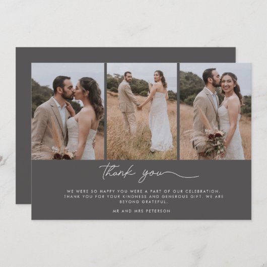 Elegante drie foto bruiloft dank u bedankkaart (Voorkant / Achterkant)
