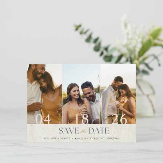 Elegante Drie foto bruiloft Save the Date (Staand voorkant)