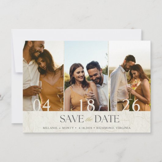 Elegante Drie foto bruiloft Save the Date (Voorkant)