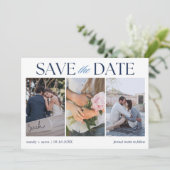 Elegante drie foto bruiloft save the date (Staand voorkant)