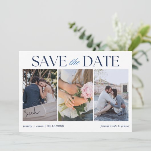 Elegante drie foto bruiloft save the date (Staand voorkant)