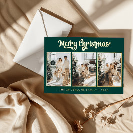 Elegante Drie Foto Diep Groen Prettig Kerstfeest  Folie Feestdagenkaart