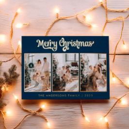 Elegante Drie Foto Navy Blauwe Prettig Kerstfeest  Folie Feestdagenkaart