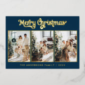 Elegante drie foto Navy Blue Merry Christmas Folie Feestdagenkaart (Voorkant)