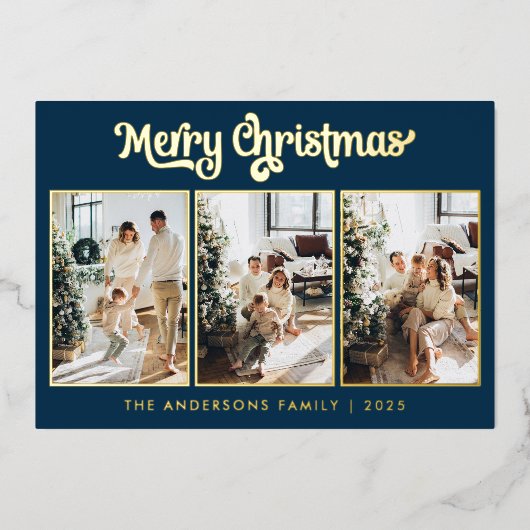 Elegante drie foto Navy Blue Merry Christmas Folie Feestdagenkaart (Voorkant)