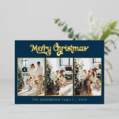 Elegante drie foto Navy Blue Merry Christmas Folie Feestdagenkaart (Staand Voorkant)