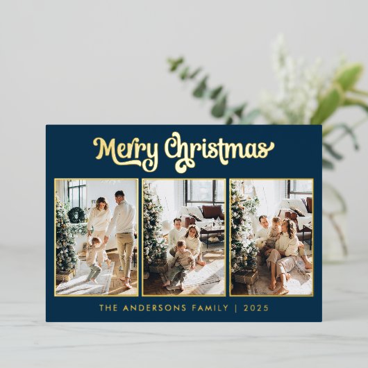 Elegante drie foto Navy Blue Merry Christmas Folie Feestdagenkaart (Staand Voorkant)