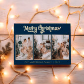 Elegante drie foto Navy Blue Merry Christmas Folie Feestdagenkaart