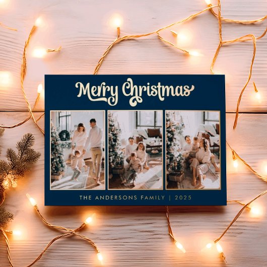 Elegante drie foto Navy Blue Merry Christmas Folie Feestdagenkaart