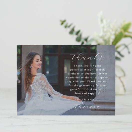 Elegante drie foto quinceanera dank u kaart (Staand voorkant)