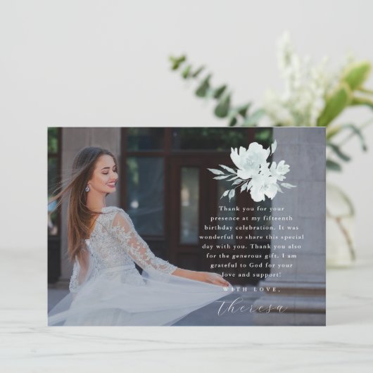 Elegante drie foto Quinceanera Floral dank u Kaart (Staand voorkant)