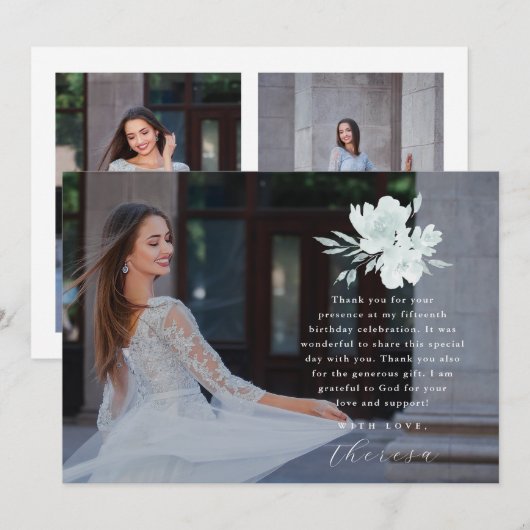 Elegante drie foto Quinceanera Floral dank u Kaart (Voorkant / Achterkant)