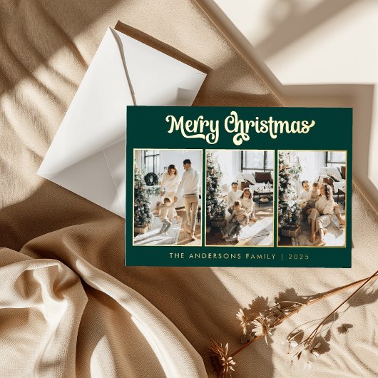 Elegante drie foto's Deep Green Merry Christmas Folie Feestdagenkaart
