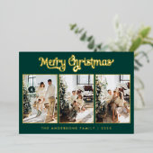 Elegante drie foto's Deep Green Merry Christmas Folie Feestdagenkaart (Staand Voorkant)
