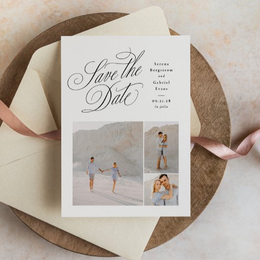 Elegante drie foto's zwart-wit bruiloft save the date