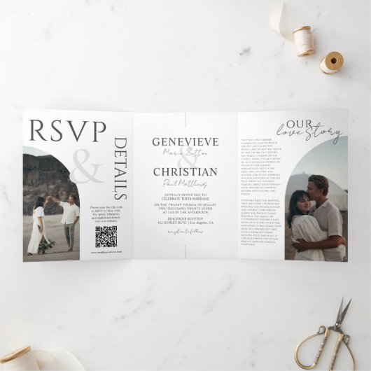 Elegante drievoudige huwelijksuitnodiging met foto drieluik programma (Binnen)