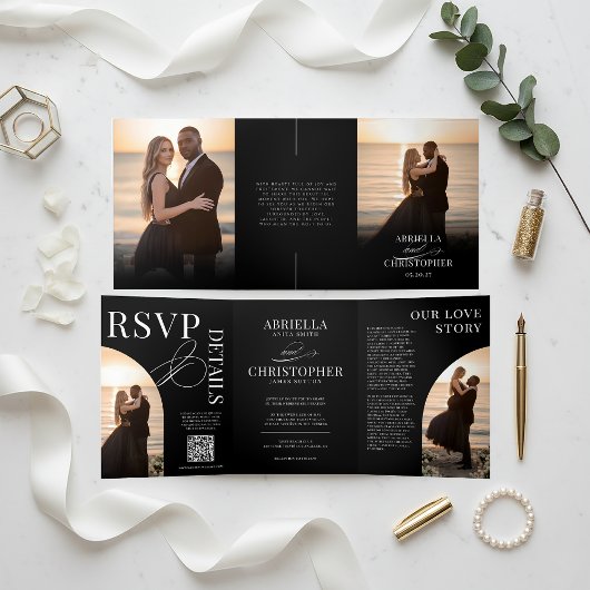 Elegante Drievoudige Trouwuitnodiging met Foto Drieluik Programma